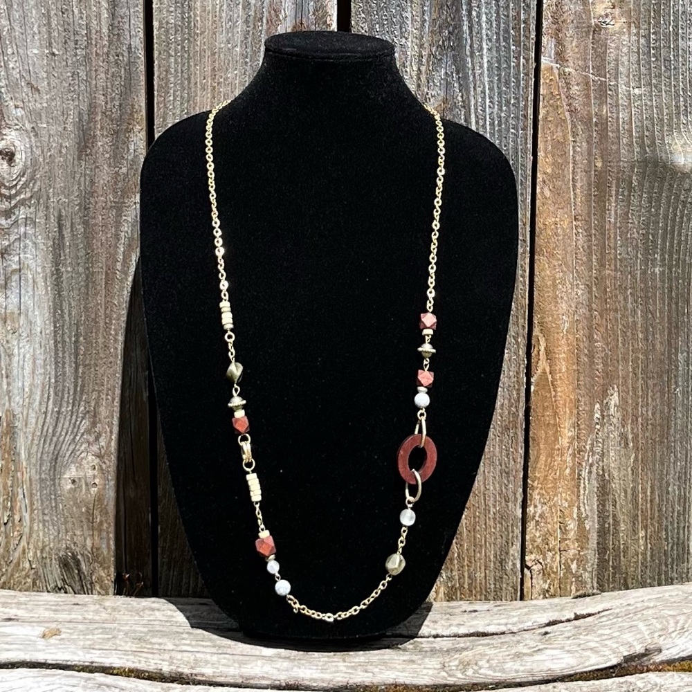 Lightweight long necklace with wood and misc beads